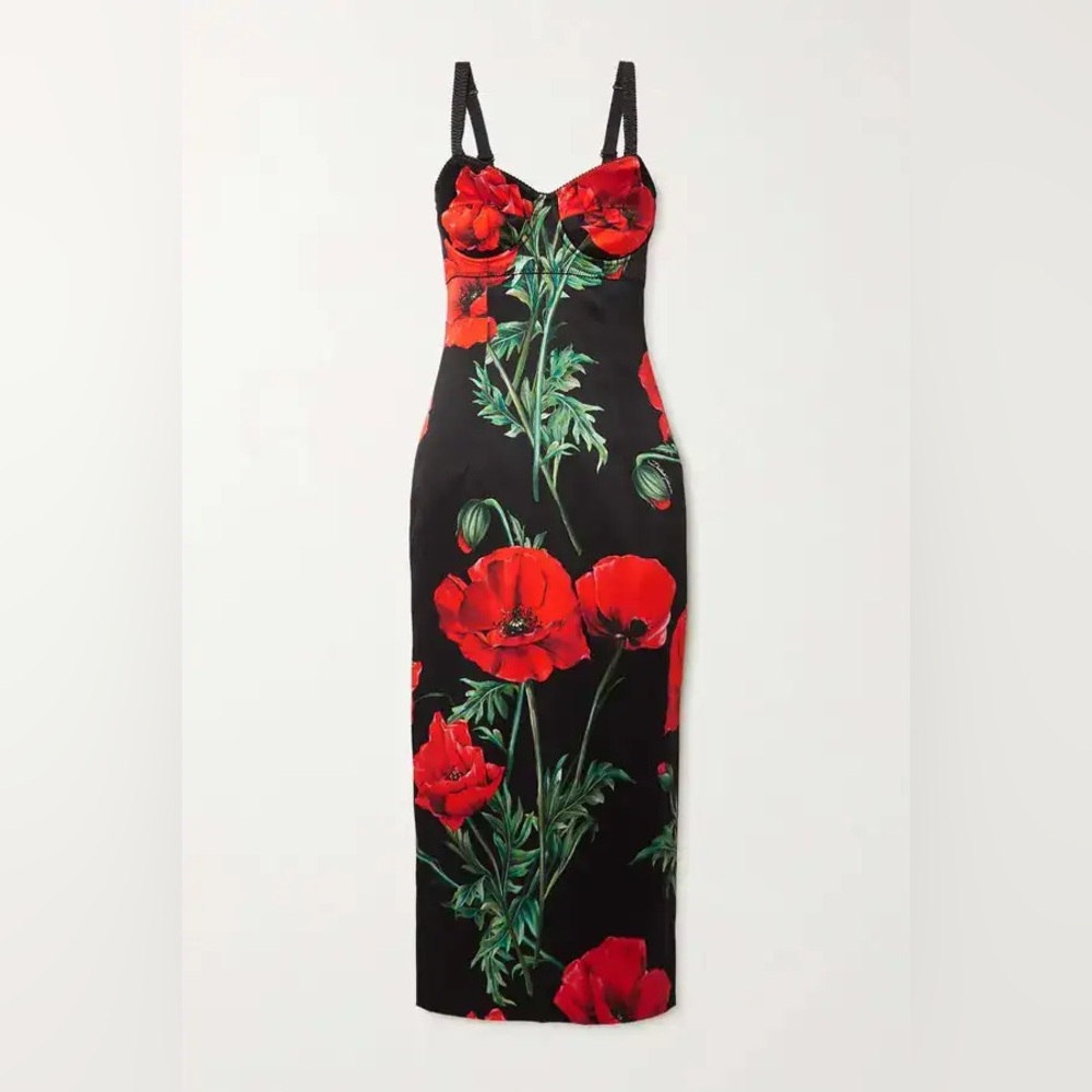 Dolce & Gabbana Red Poppy Floral Silk Blend Satin Midi Dress | IT 38 (US Small)